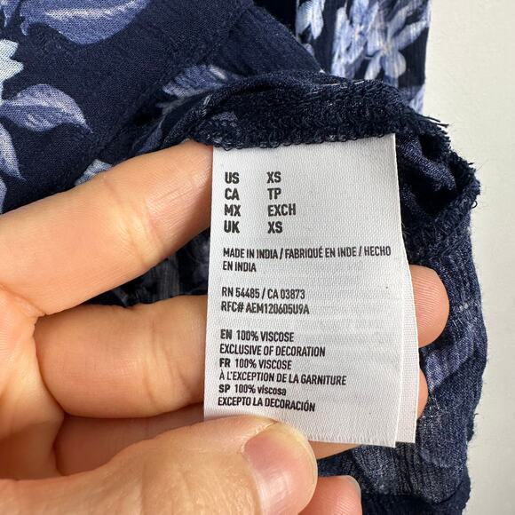 American Eagle Blue Chiffon Floral Ruffle Hem Button Down Blouse - Picture 5 of 8